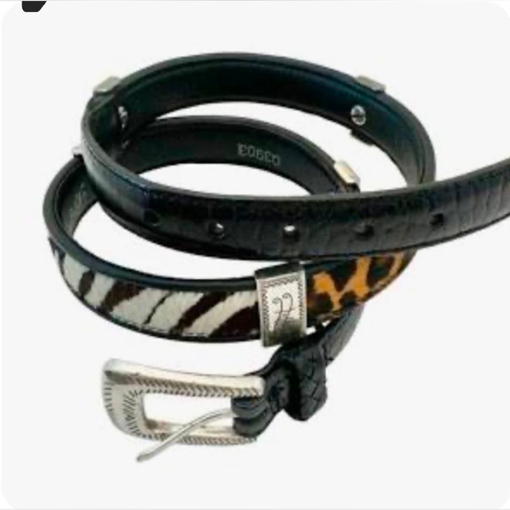 Brighton Women Black Leather Cheetah Zebra Pony Hair Silver Plated Belt S/28
